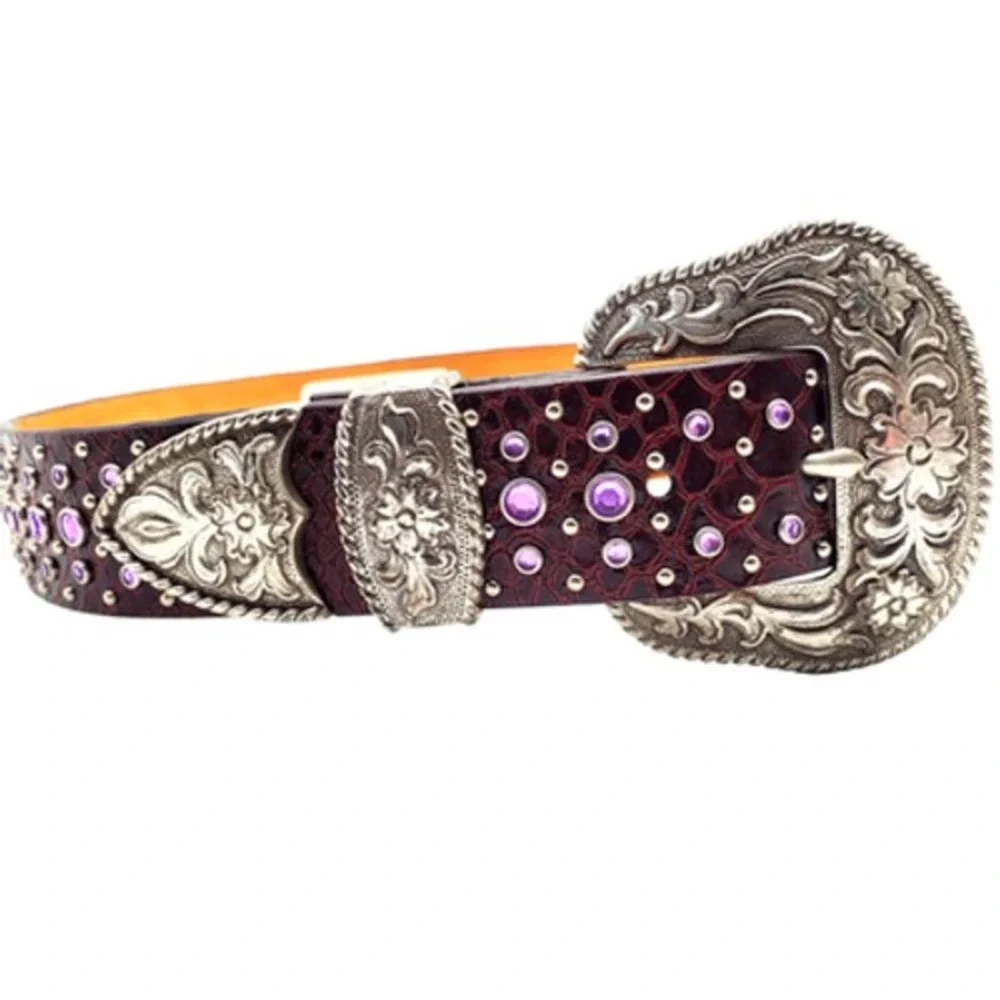Ariat Burgundy Leather Belt 32 Lavender Crystal Reptile Print Silver Tone Buckle